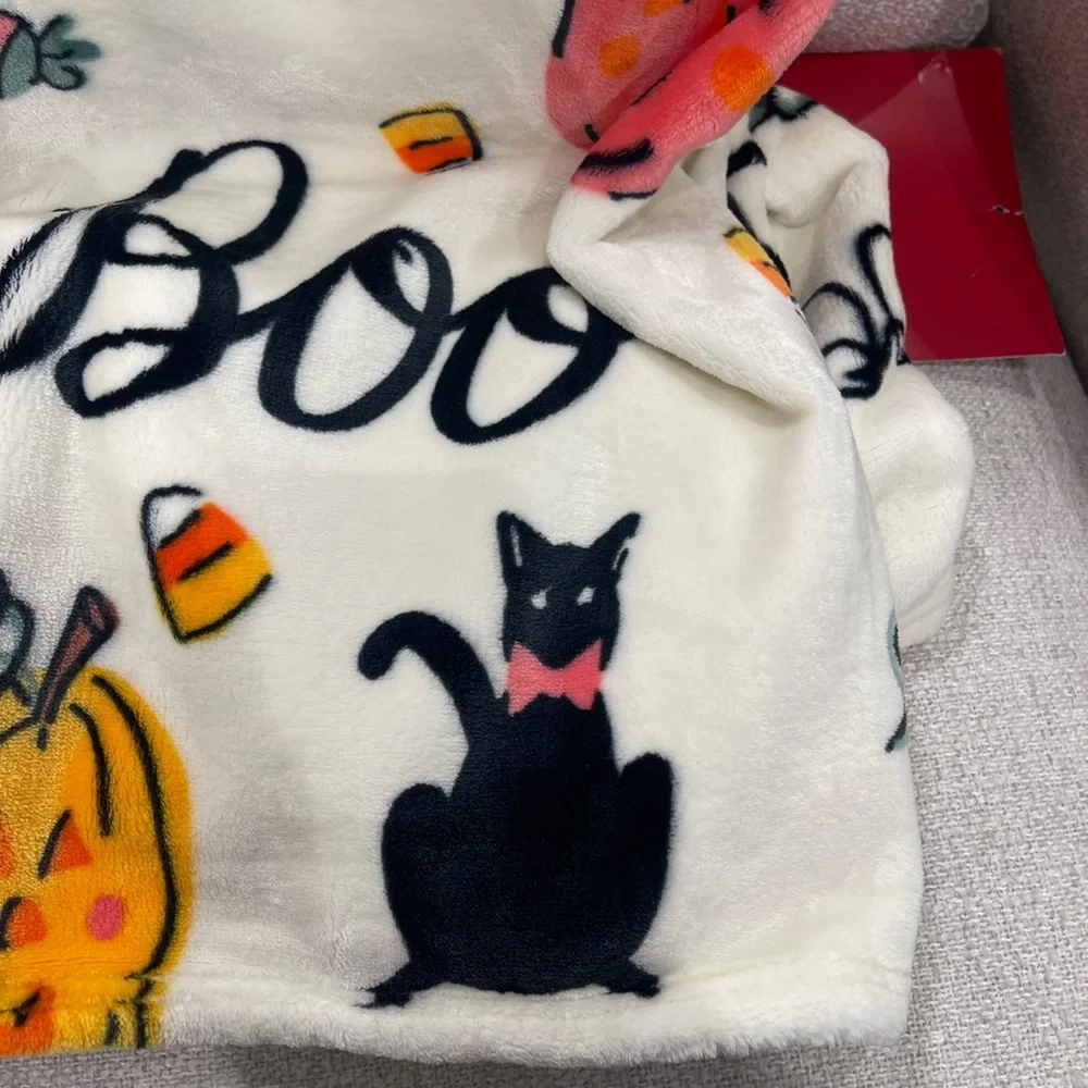 Halloween Black Cats Pink Bows Pumpkins Boo Rachel Roy Plush Blanket 60”x70 NWT